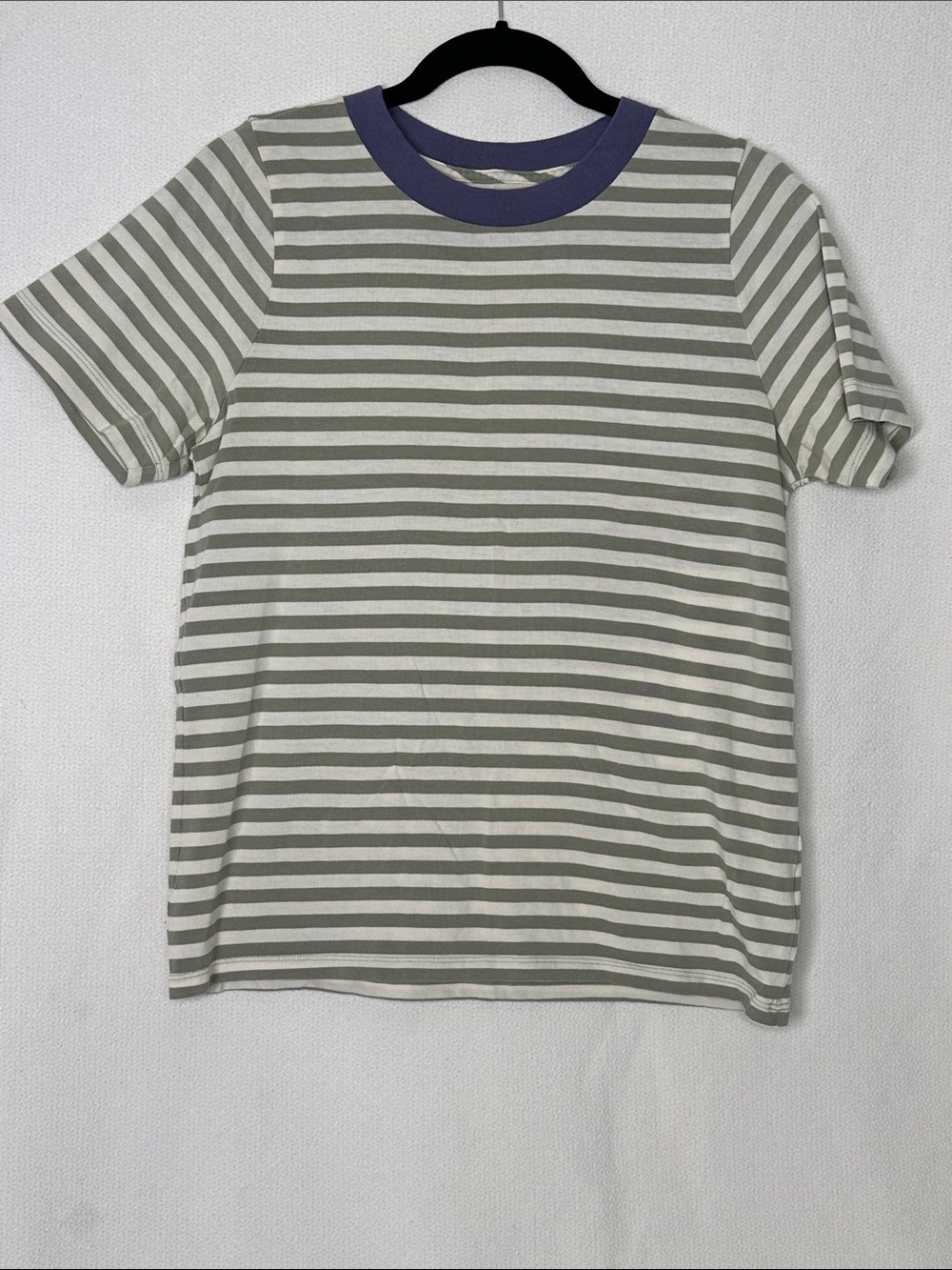 Madewell Olive and Cream Striped Short Sleeve Tee with Purple Trim